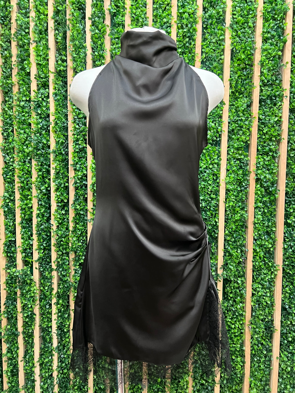 Midnight Lace Satin Cowl Neck Mini Dres
