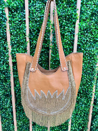 Exquisite Leather Beaded Lotus Boho Fringe Detail Bag