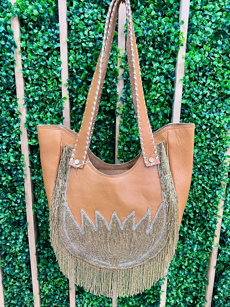 Exquisite Leather Beaded Lotus Boho Fringe Detail Bag
