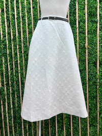 White Textured and Belted A Line Midi Skirt