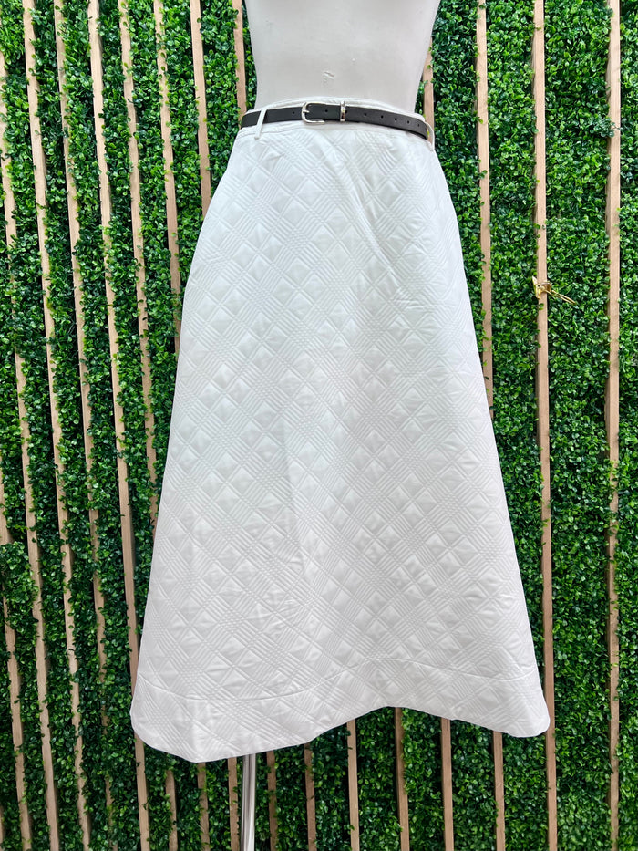 White Textured and Belted A Line Midi Skirt