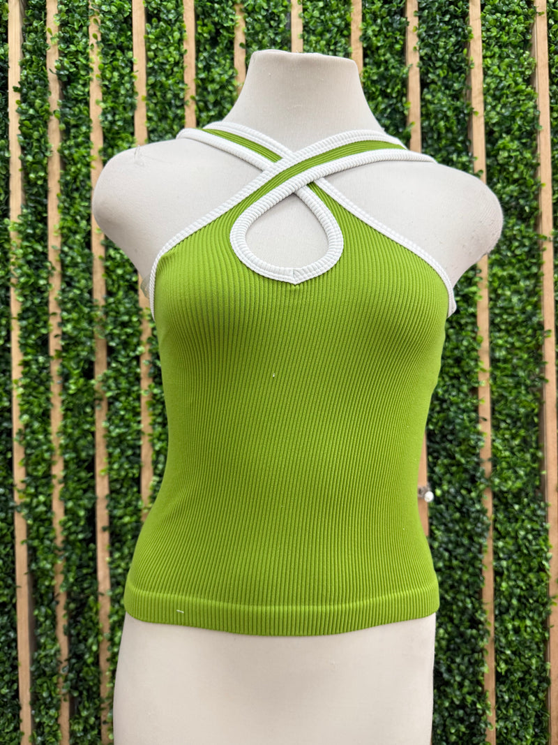 Cross Front Twotone Keyhole Halter Basic Top