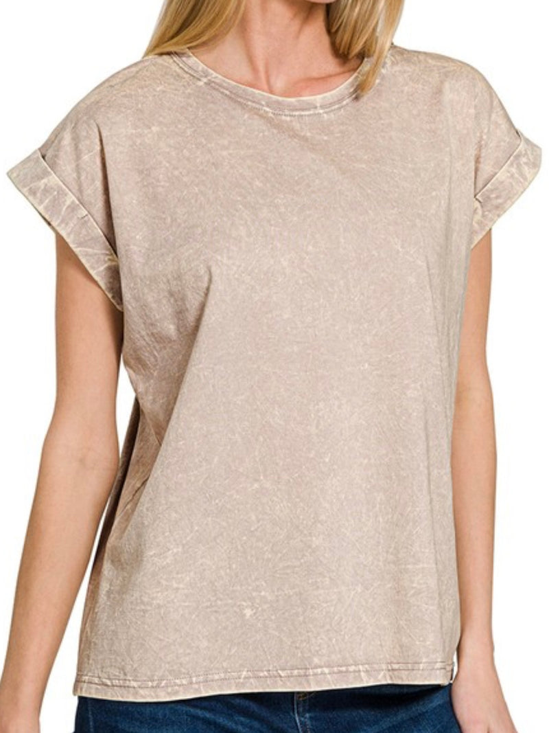 Crinkled Wash Round Neck Folded Short Sleeve Top