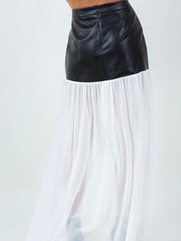 Black Pu Leather & Chiffon Combo Maxi Skirt