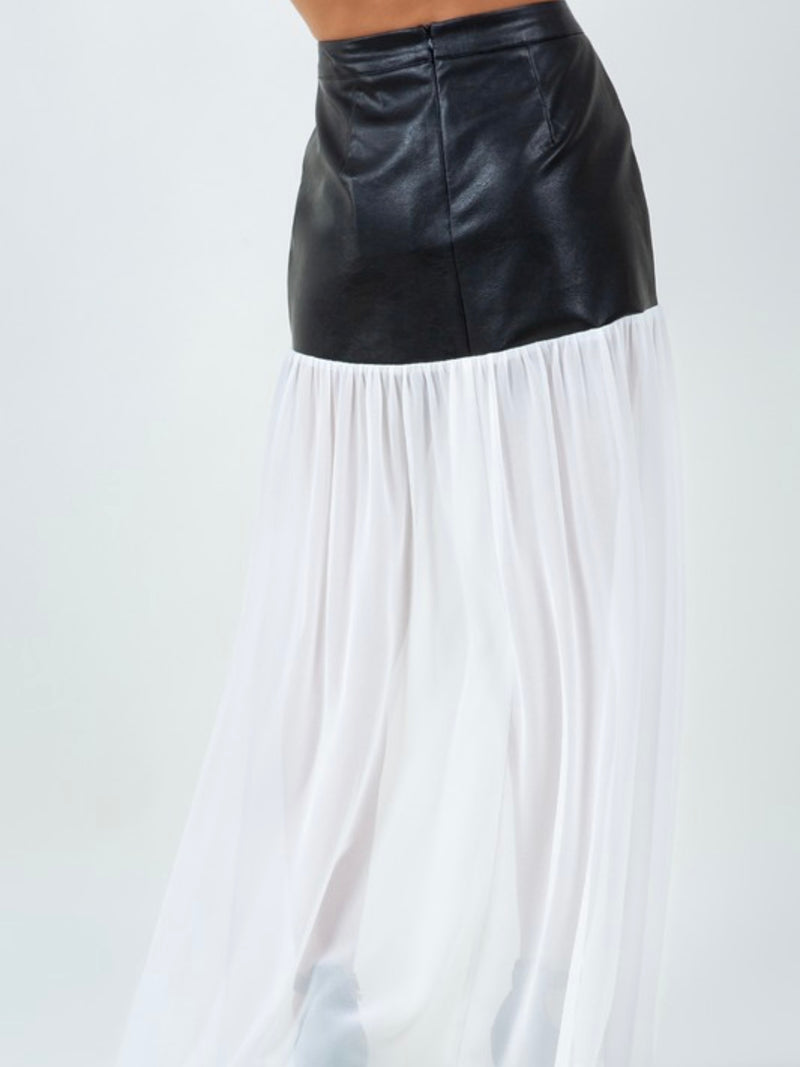 Black Pu Leather & Chiffon Combo Maxi Skirt