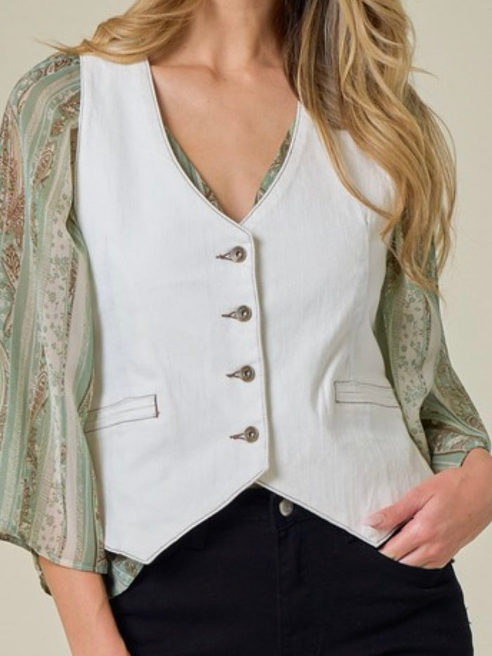 Structured Long White Denim Vest