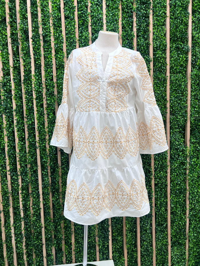 Soft Gold Embroidery Boho Tiered Short Dress