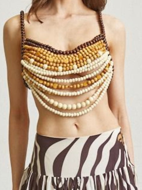 Beaded Draped Crop Top – Brown, Ivory & Natural
