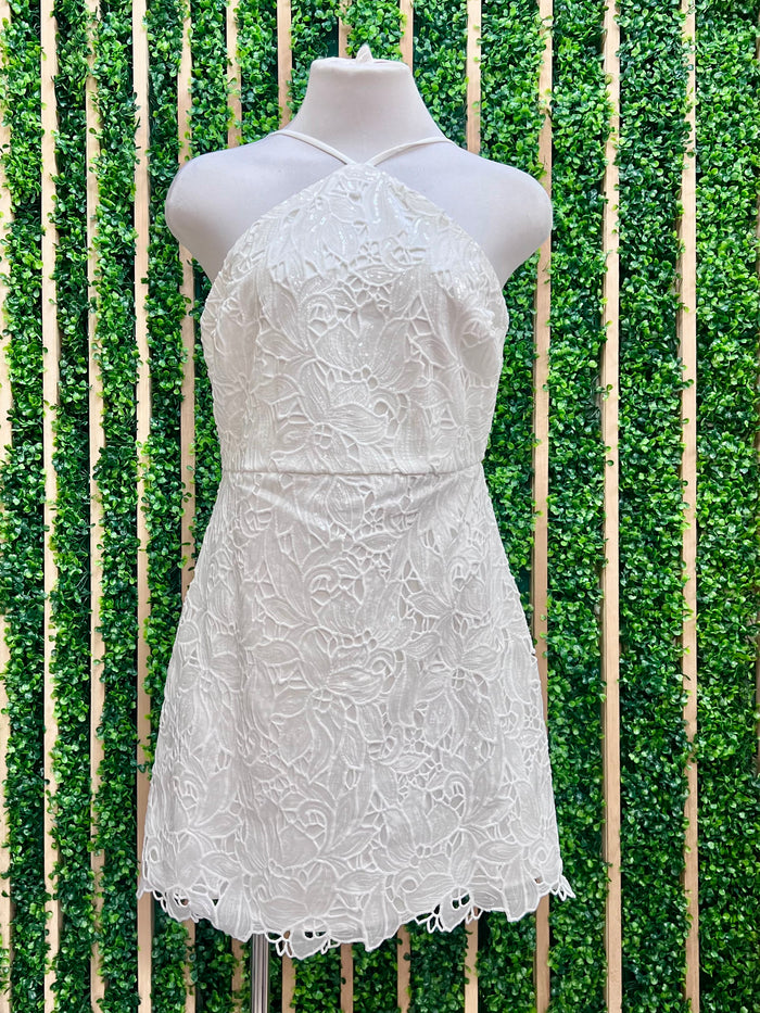 White Sequin Lace Halter Short Dress