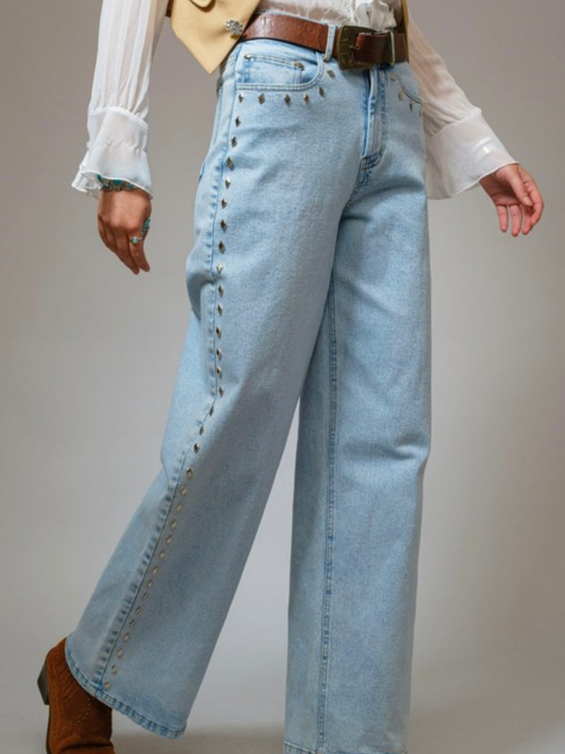 Western Diamond Studded Wide Leg Jeans