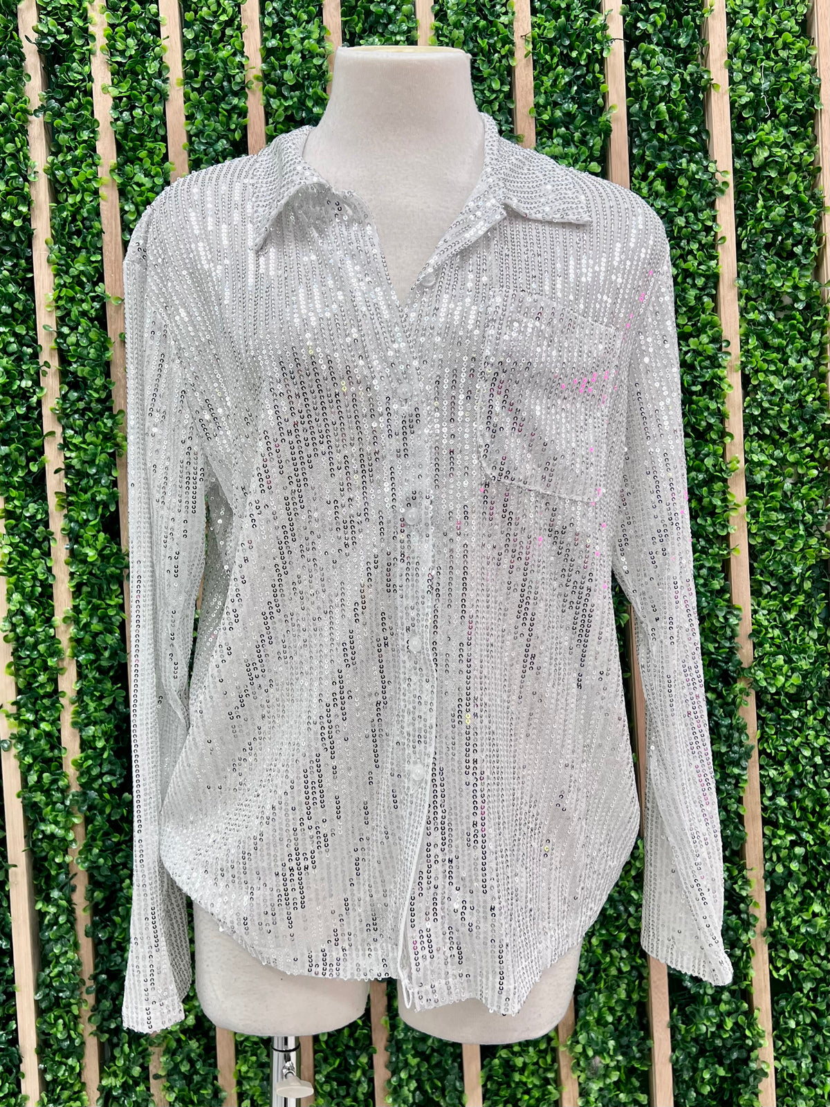 White Silver Sequin Button Down Blouse