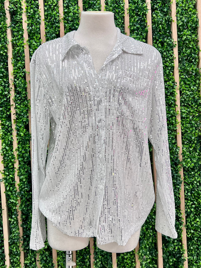 White Silver Sequin Button Down Blouse