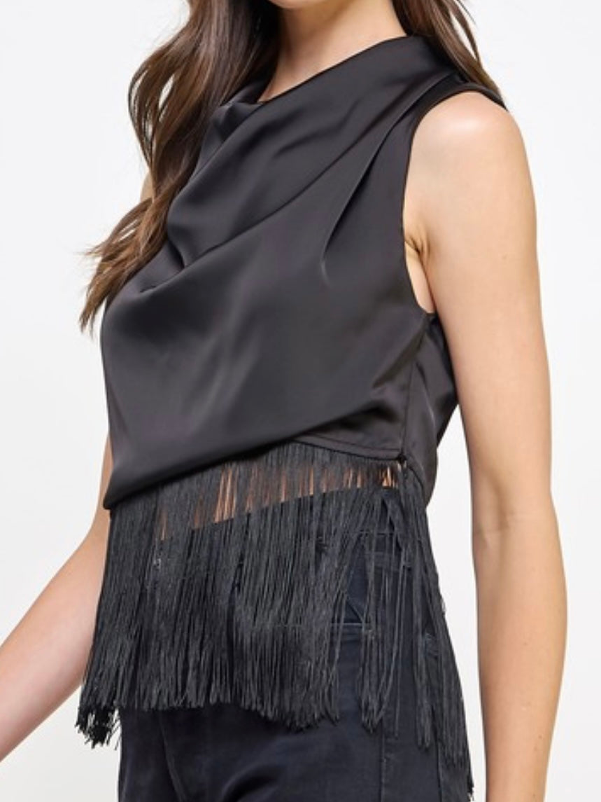 Cowl Neck Fringed Satin Top