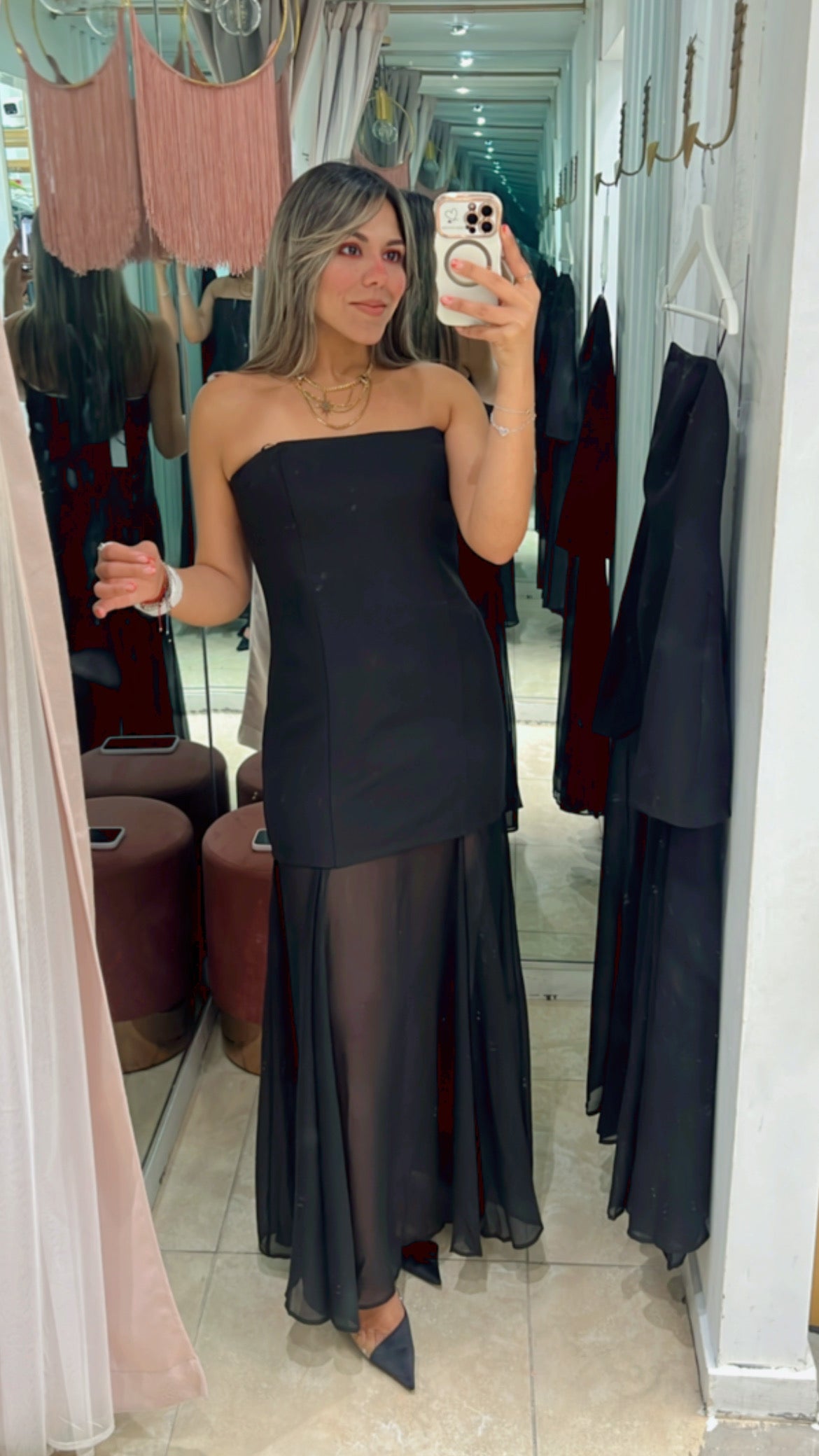 Black Chiffon Contrast Strapless Maxi Dress