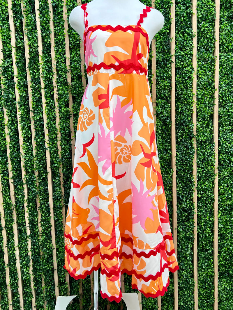 Rig Rag Trim Orange Printed Tiered Maxi