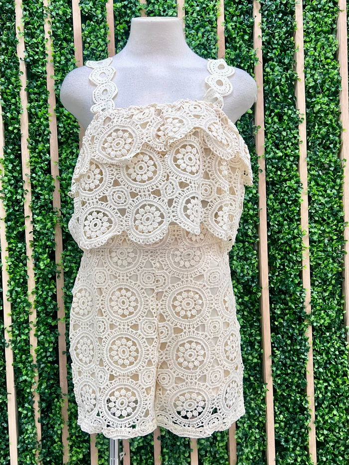 Beige Lace Ruffle Top Short Pant Set