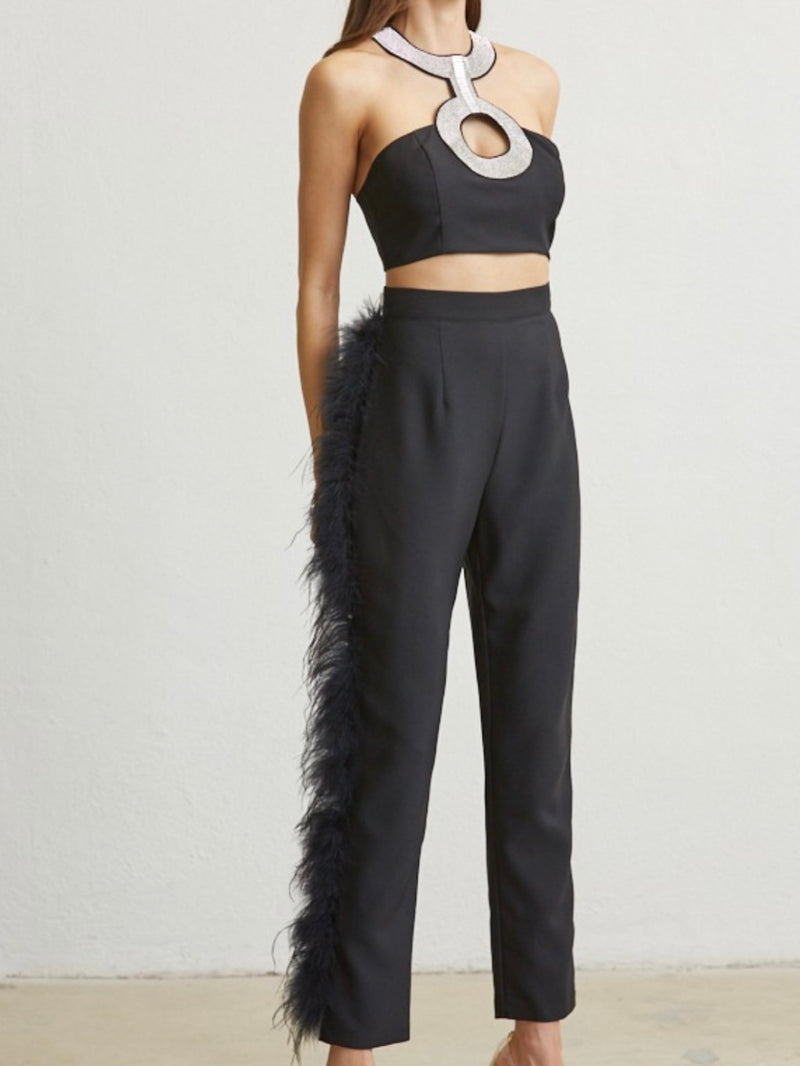 Rhinestone and Feather Detail Pant Set