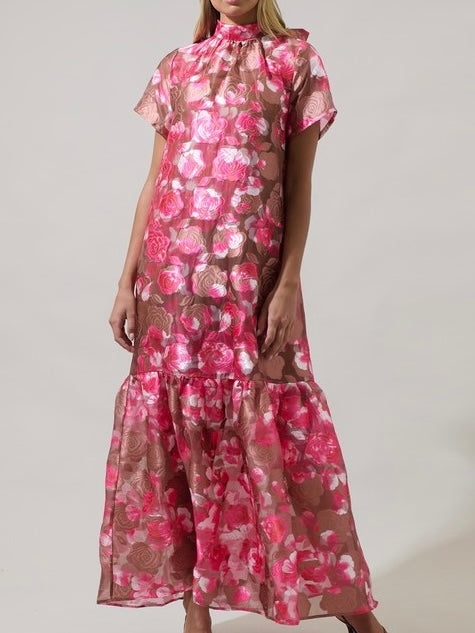 Beautiful Pink Brown Floral Jacquard Maxi Dress