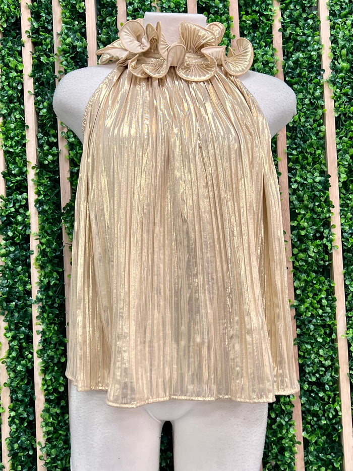 Metallic High Neck Ruffled Sleeveless Top