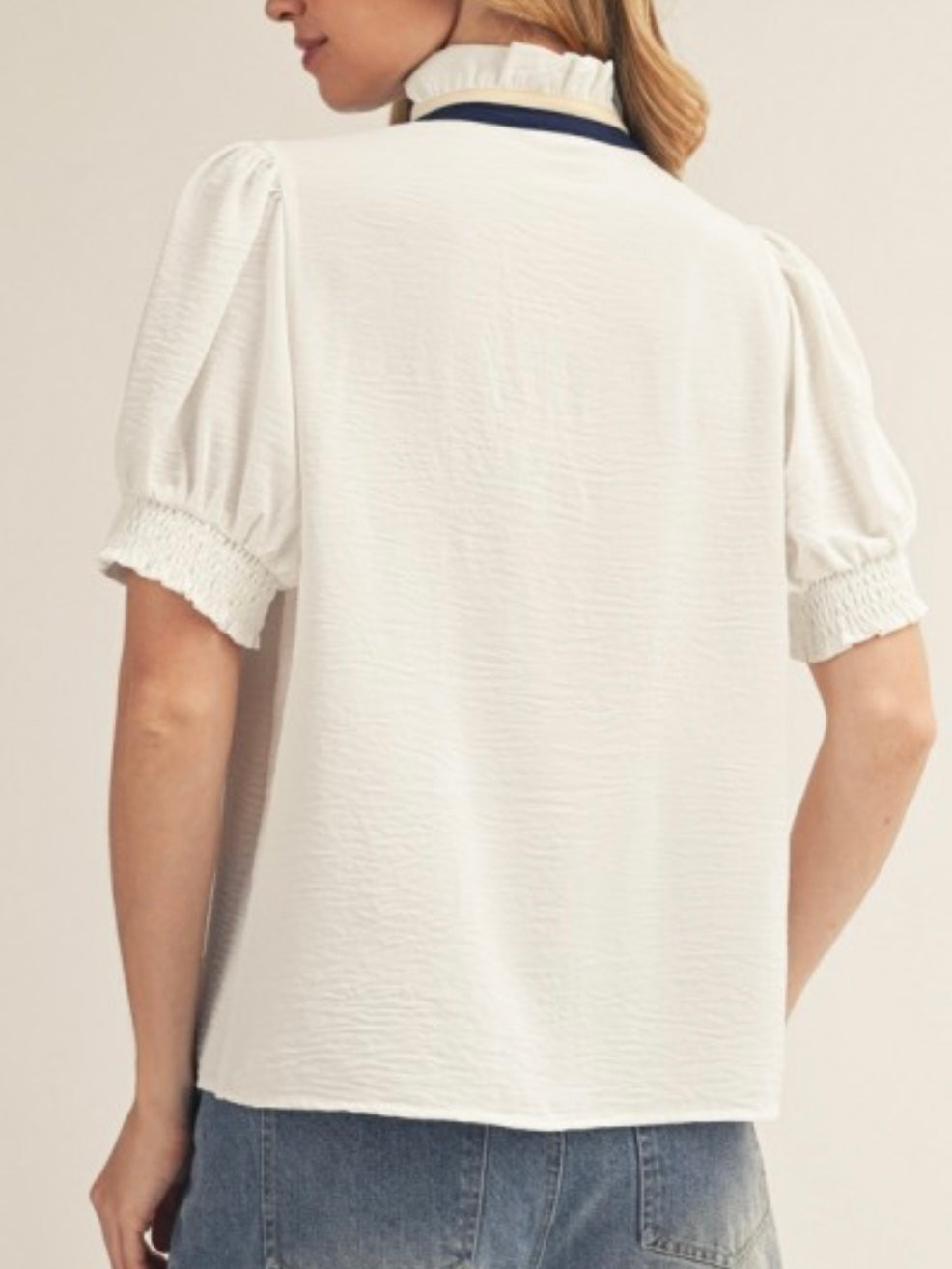 Classic White Puff Sleeve Blouse with Navy Contrast Trim