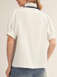 Classic White Puff Sleeve Blouse with Navy Contrast Trim