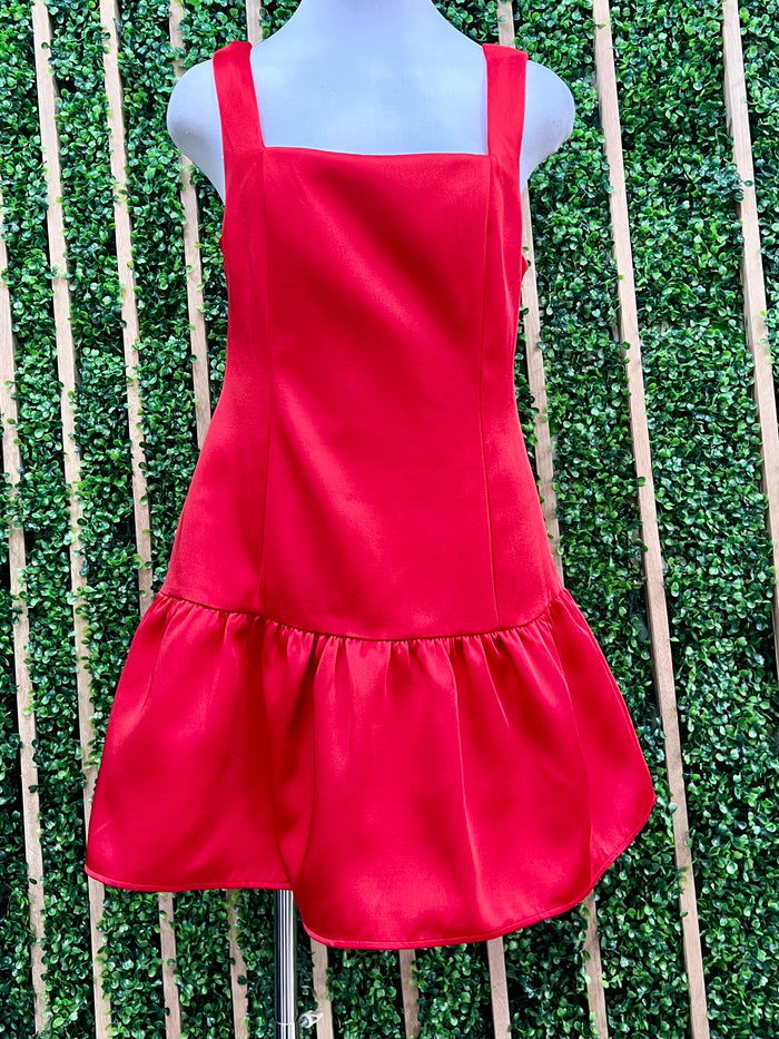 Red Satin Drop Waist Short Dress