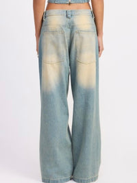 Wide Leg Washed Denim Pants With Crease Detail