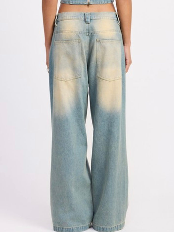 Wide Leg Washed Denim Pants With Crease Detail