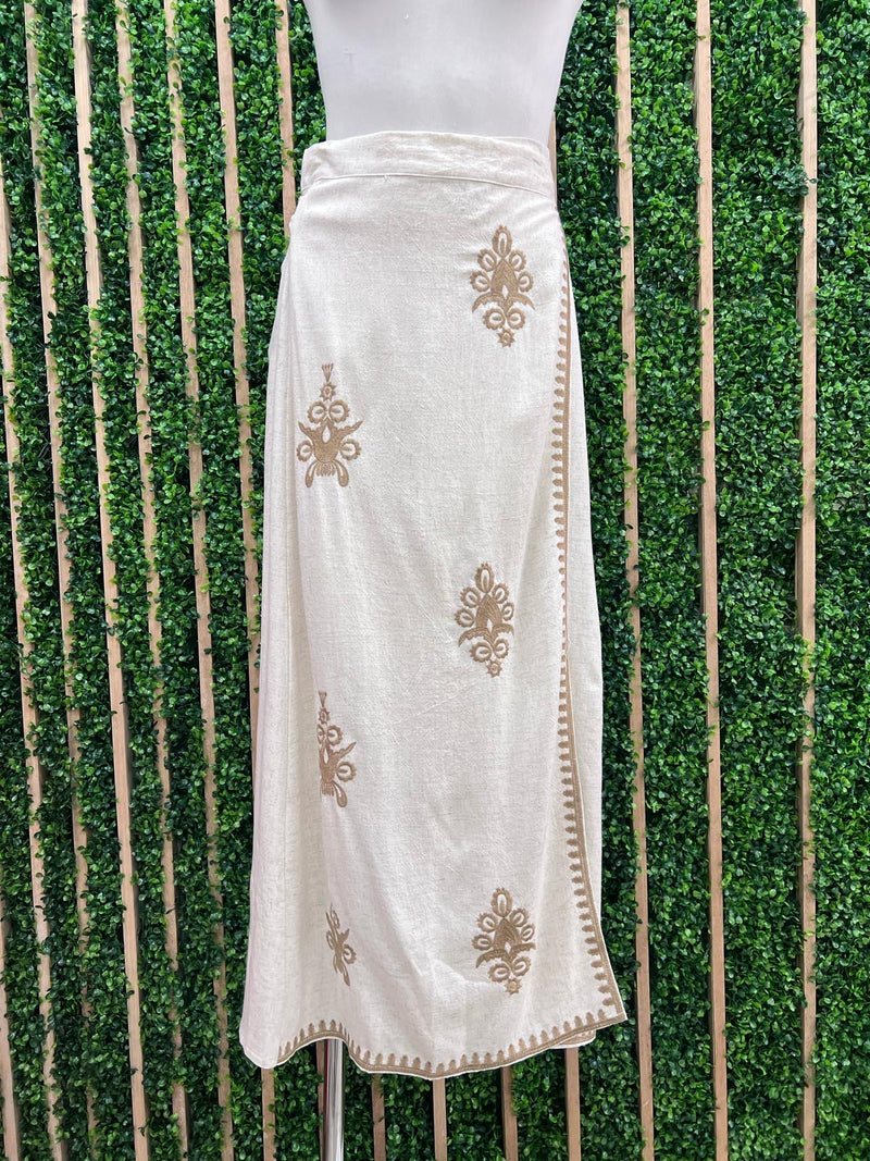 Mocha Linen Floral Embroidered Wrap Skirt Set