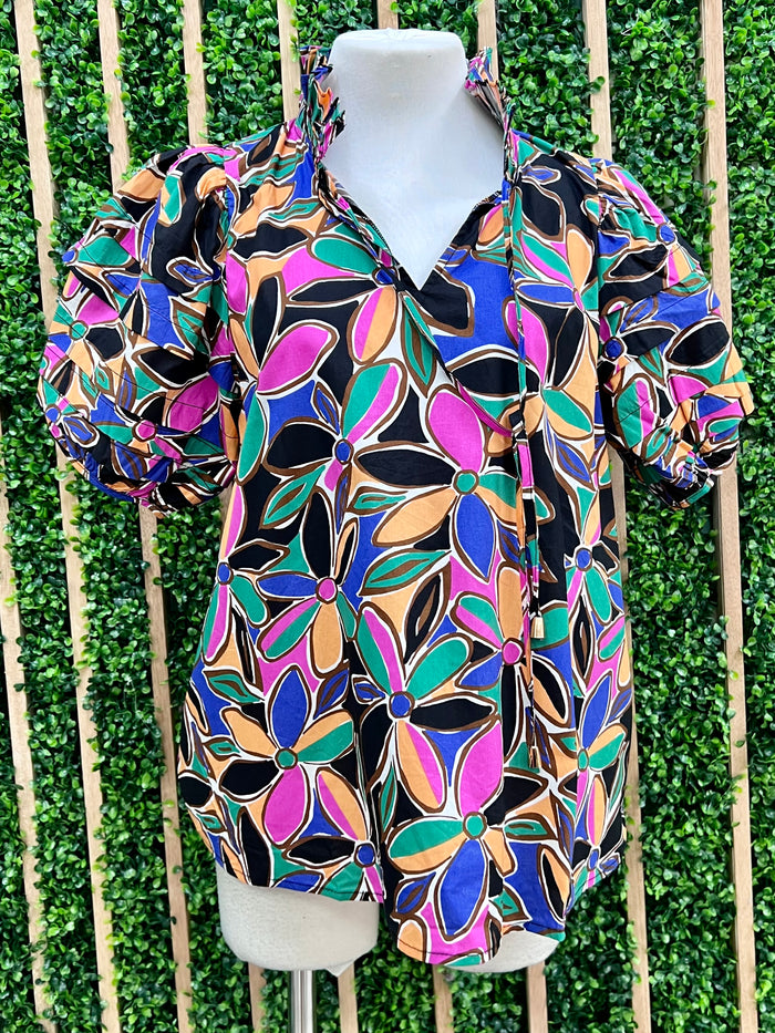 Multi Floral Puff Sleeve Blouse
