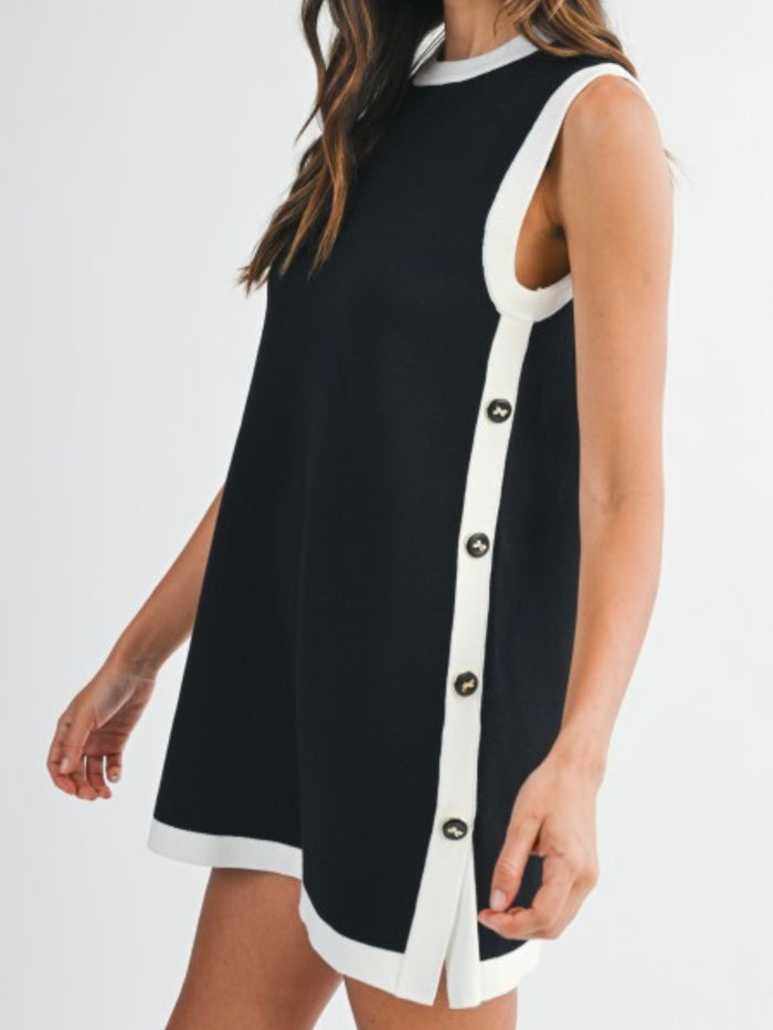 Side Contrast Stripe Black Knit Short Dress