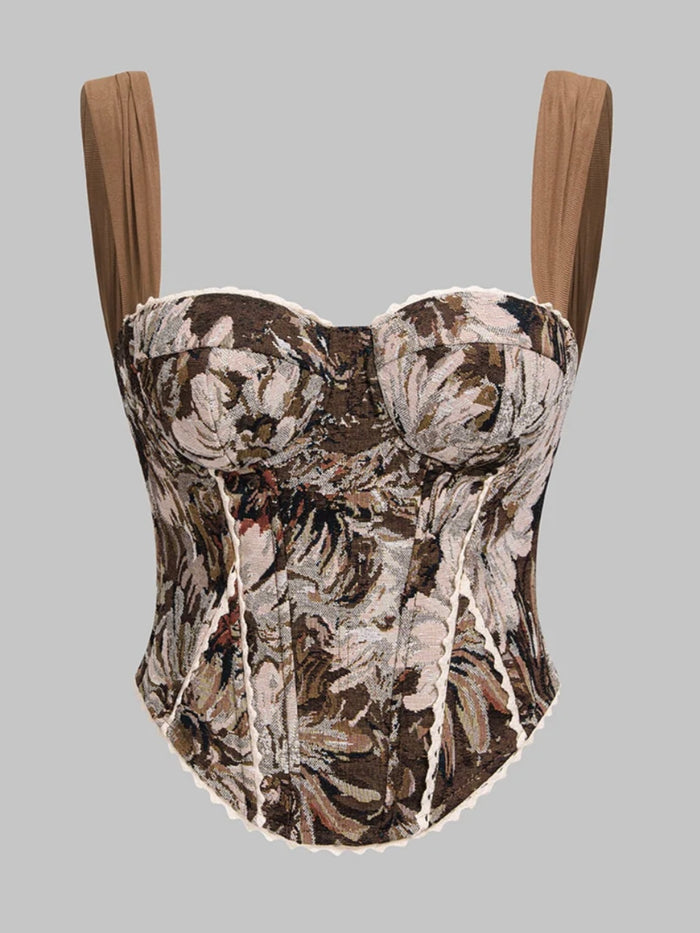 Brown Floral Jacquard Lace-Up Corset Top