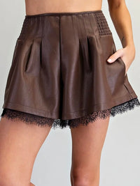 Chocolate Lace Trim Pleather Shorts