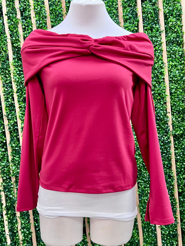 Ruby Long Sleeve Twist Off Shoulder Knit Top
