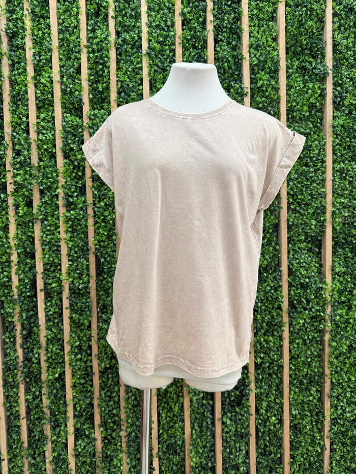 Crinkled Wash Round Neck Folded Short Sleeve Top