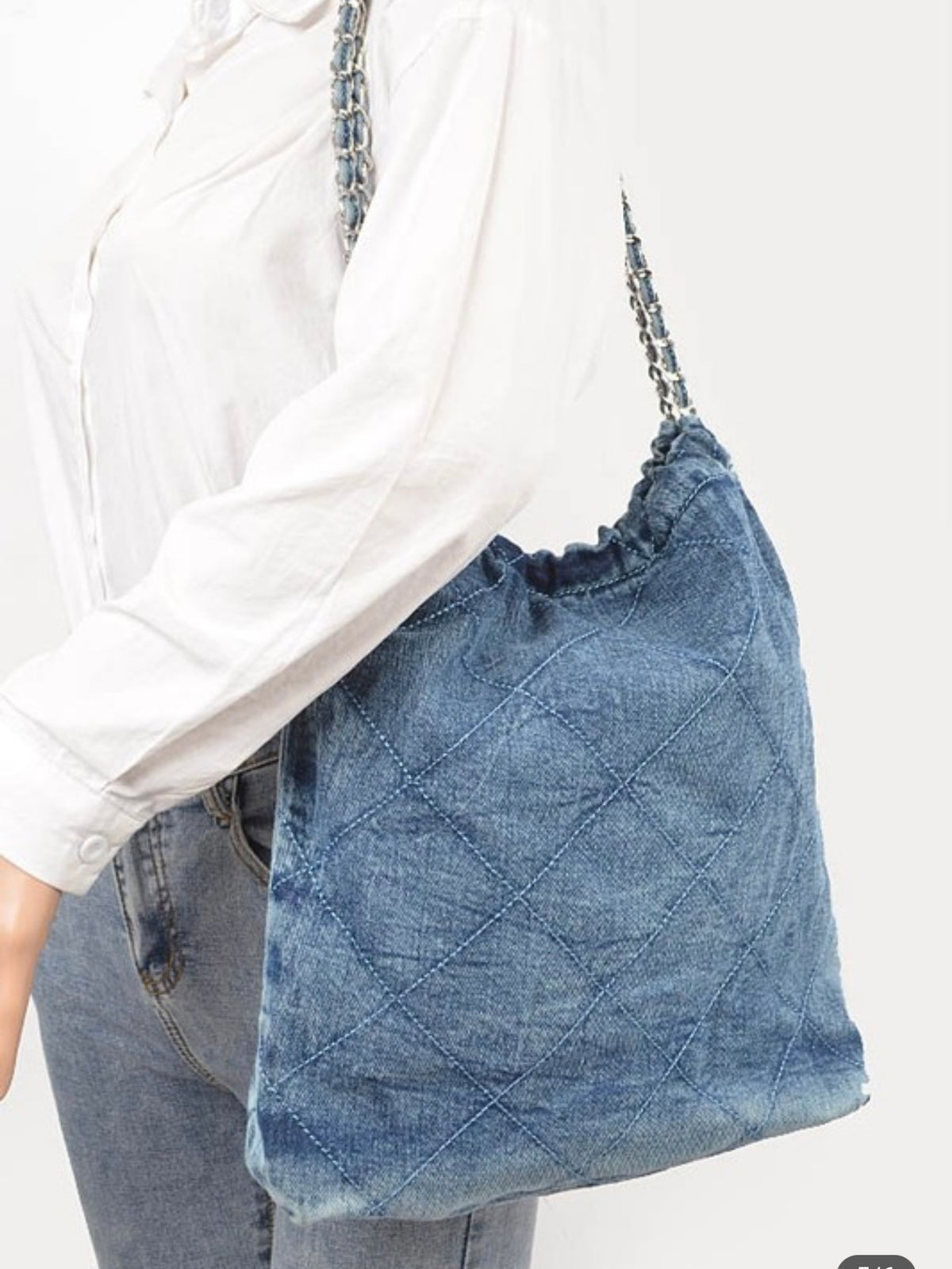 Large Quilted Denim Chain Bag