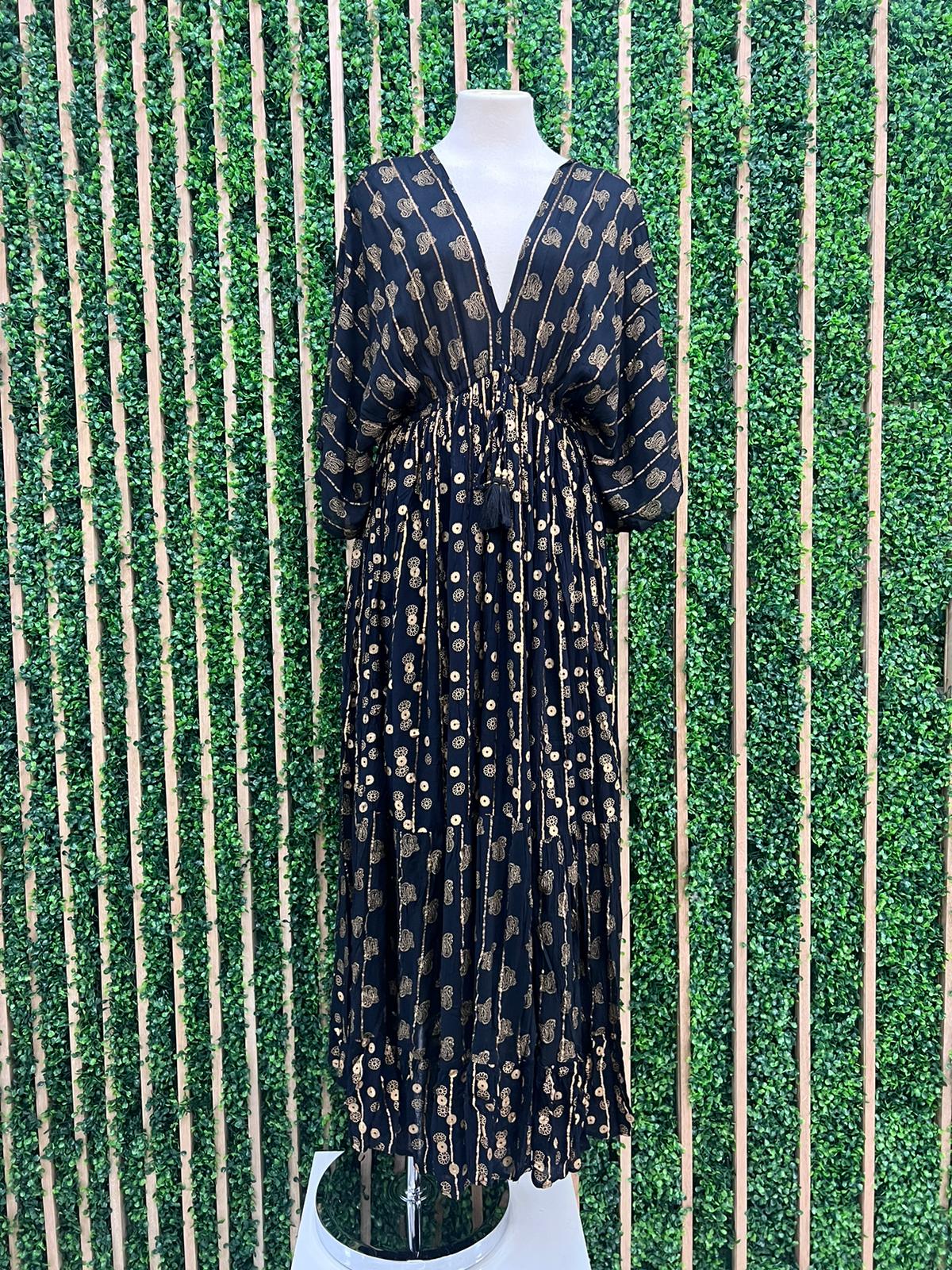 Black Gold Detail Tiered Kimono Maxi Dress