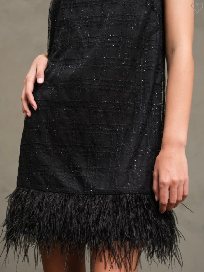 Black Feather Tweed Party Dress