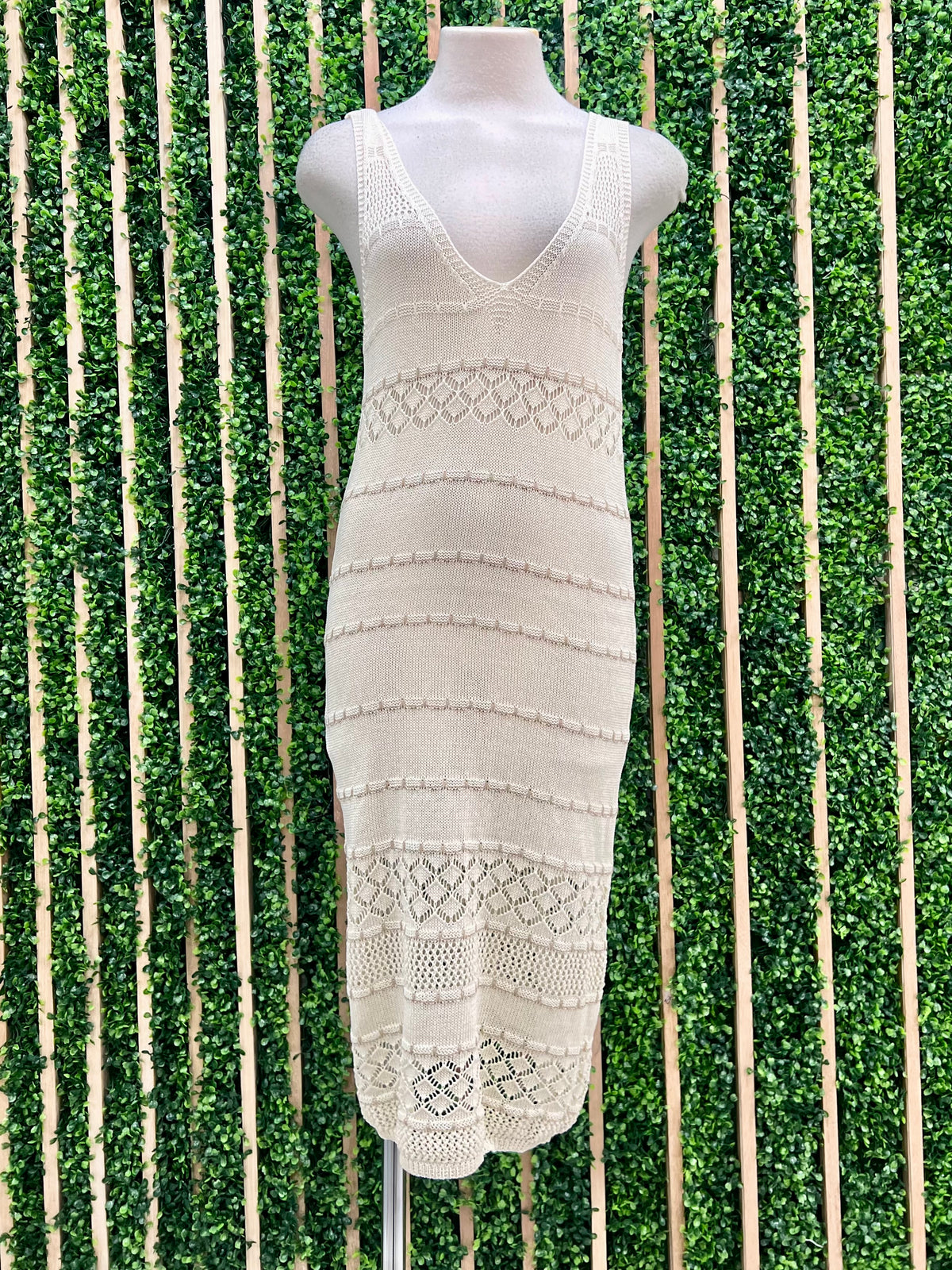 Beige Striped Crochet Dress