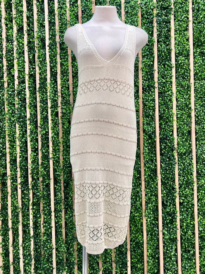 Beige Striped Crochet Dress