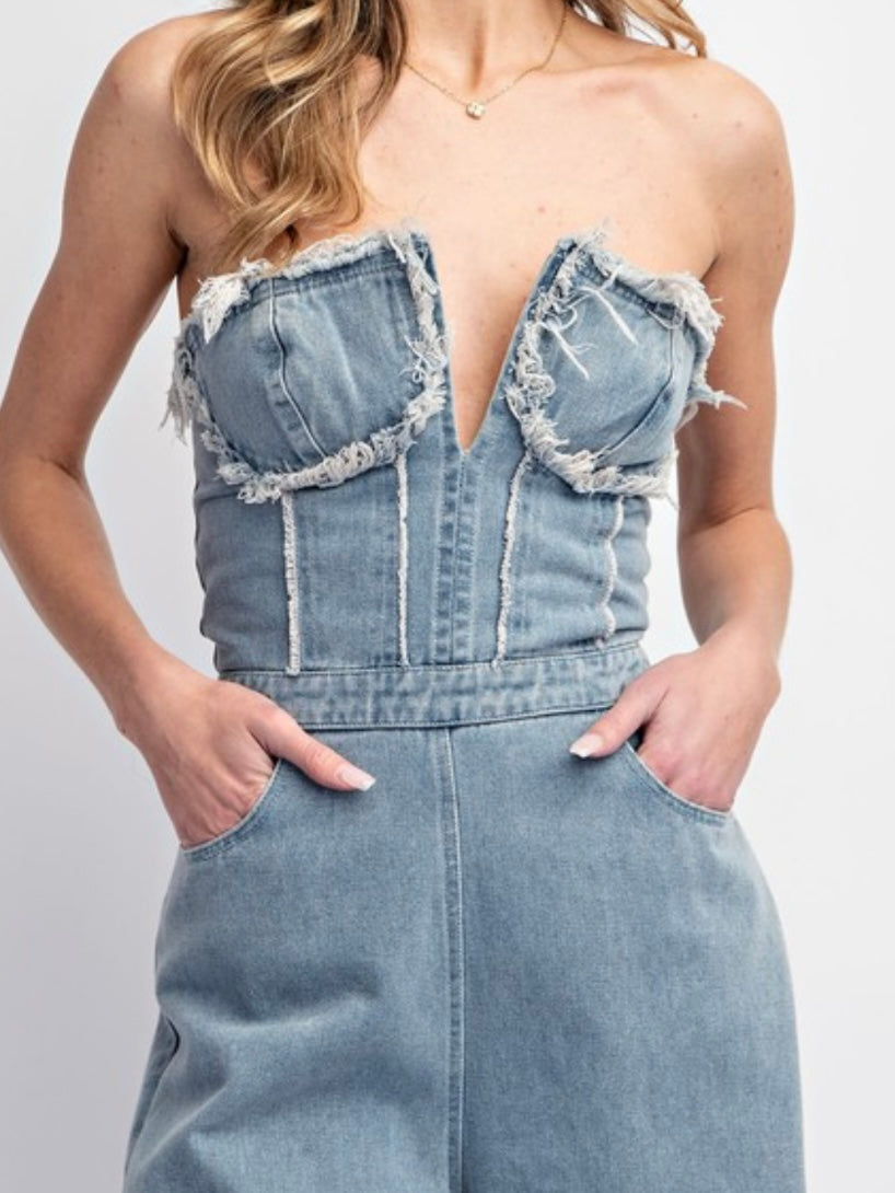 Fun Distressed Strapless Denim Jumpsuit