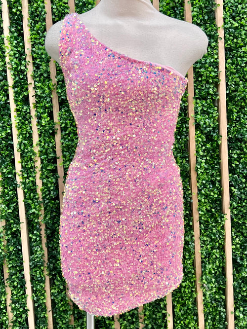 Pink Sequin One Shoulder Short Dress