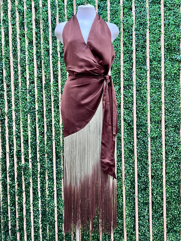 Fringe Halter Wrap Maxi Dress