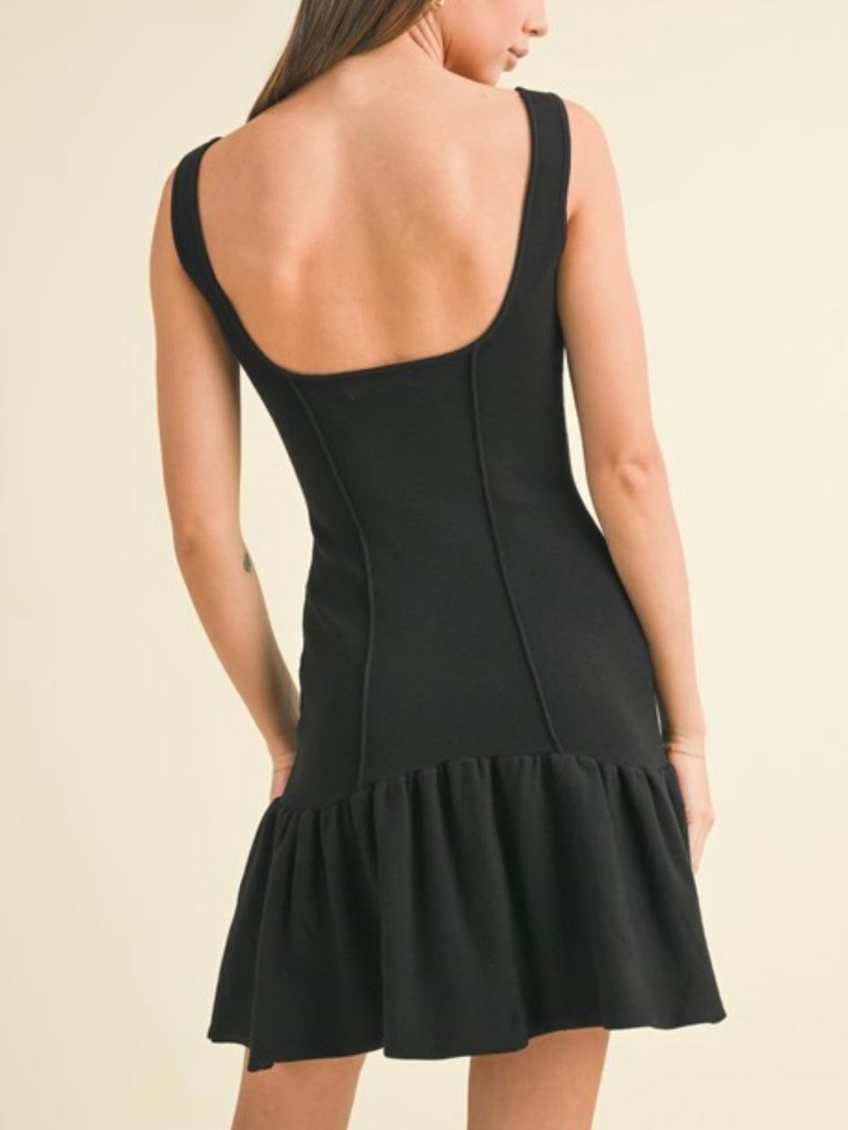 Black Sleeveless Drop Waist Knit Short Dress