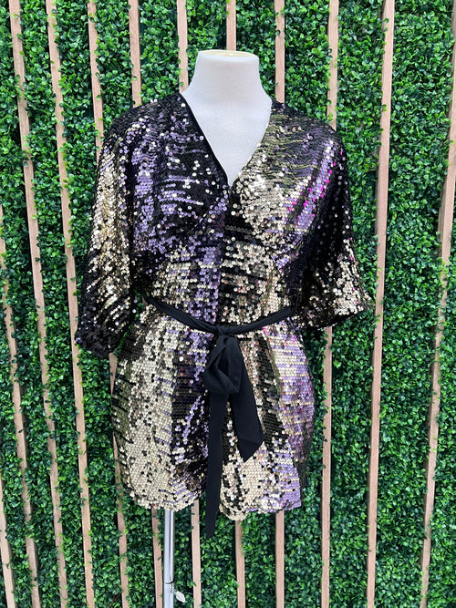 Black Multi Sequin Kimono Romper