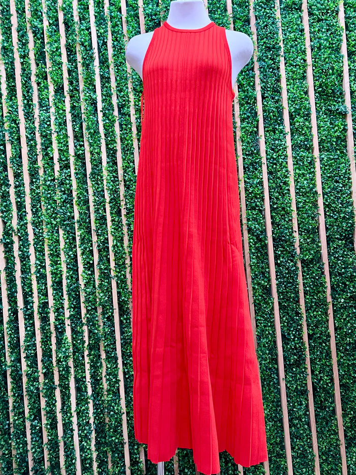 Orange Red High Neck Knit Midi Dress