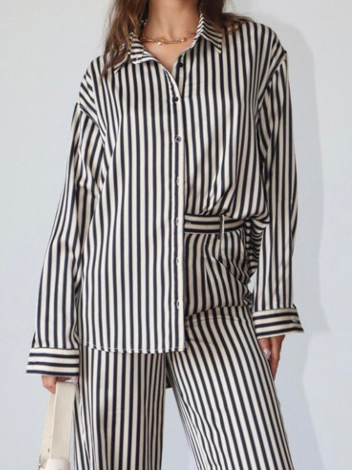 Cream Black Stripe Satin Blouse