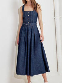Dark Denim Square Neck Fitted Midi Dress