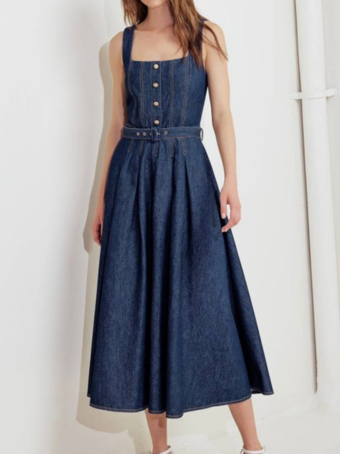 Dark Denim Square Neck Fitted Midi Dress