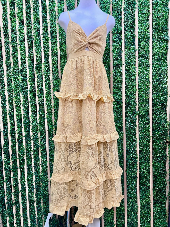 Mustard Lace Tiered Summer Ruffle Maxi Dress